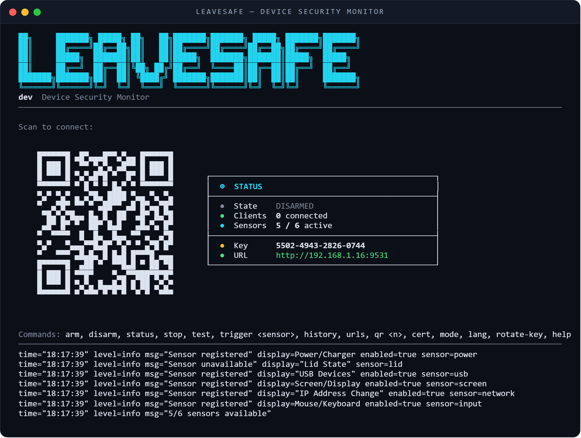The LeaveSafe terminal dashboard: a QR code on the left, the pairing key and the URL on the right, the log along the bottom